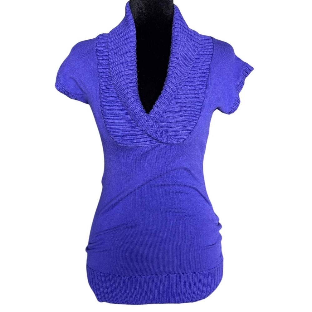 Say What Purple Cowl Neck Sweater Top Short Sleeve Ribbed Trim Juniors Medium